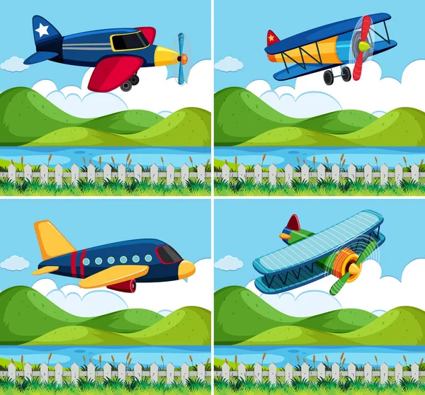 Four background with airplane flying — Stock Vector