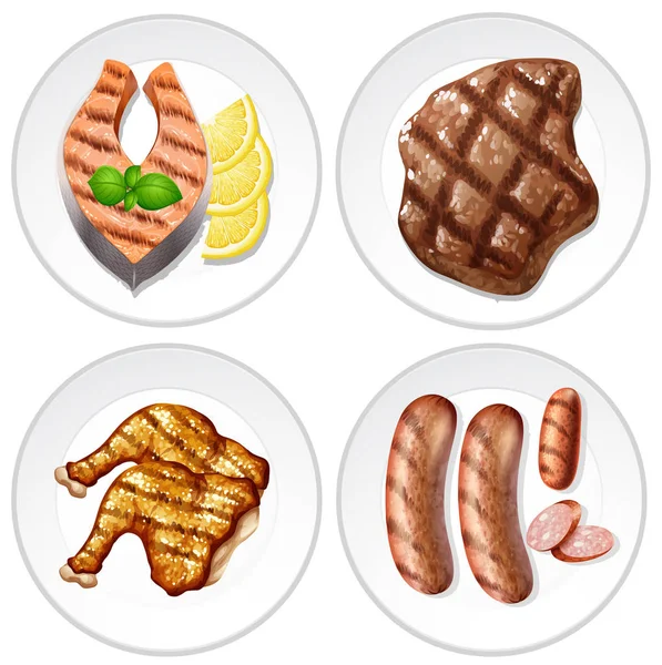 Dört farklı etler ile ızgara gıda plakaları — Stok Vektör