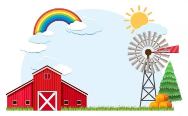 Ahır ve gökkuşağı gökyüzü ile bir manzara