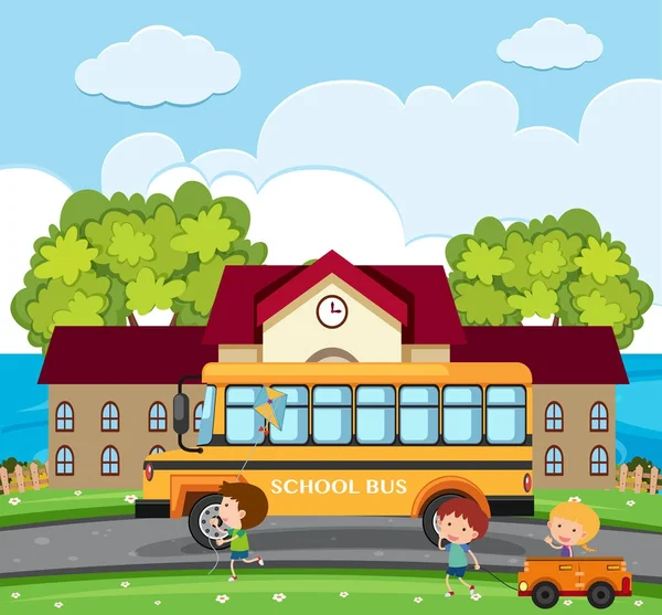 Escena escolar con niños y autobús escolar — Vector de stock