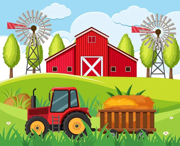 Scène de ferme avec tracteur rouge et grange sur les collines — Image vectorielle