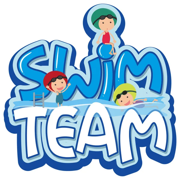 Diseño de fuente para el equipo de natación palabra con tres nadadores — Archivo Imágenes Vectoriales