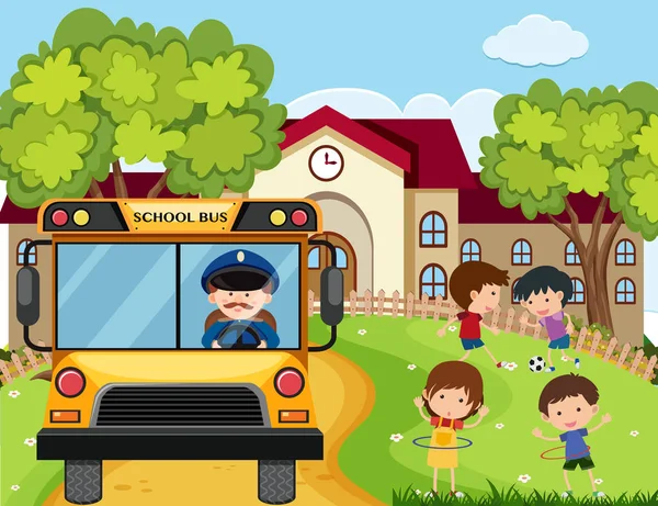 Adegan sekolah dengan sopir bus dan anak-anak di taman - Stok Vektor