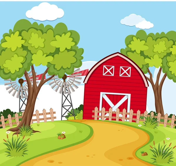 Farm scene with small barn and turbines — Stock Vector