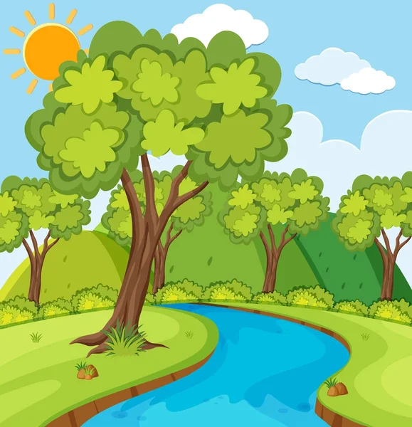 Forest scene with trees and river — Stock Vector