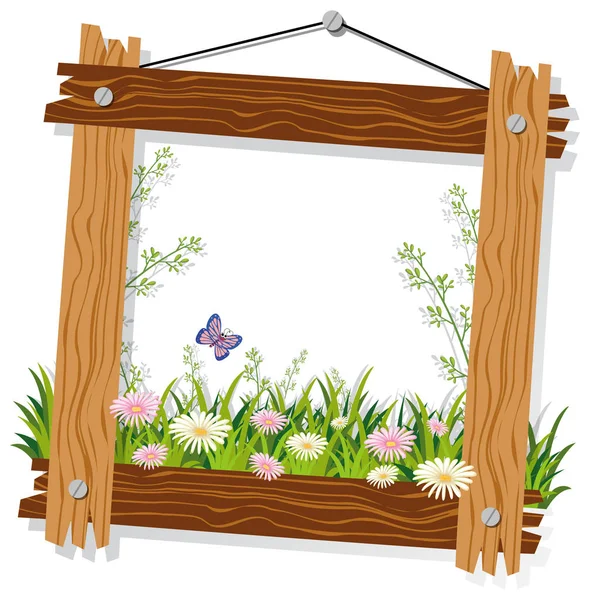 Modèle de cadre en bois avec fleurs et herbe — Image vectorielle