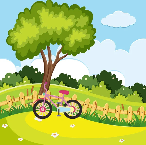Scène de parc avec vélo rose près de la clôture — Image vectorielle