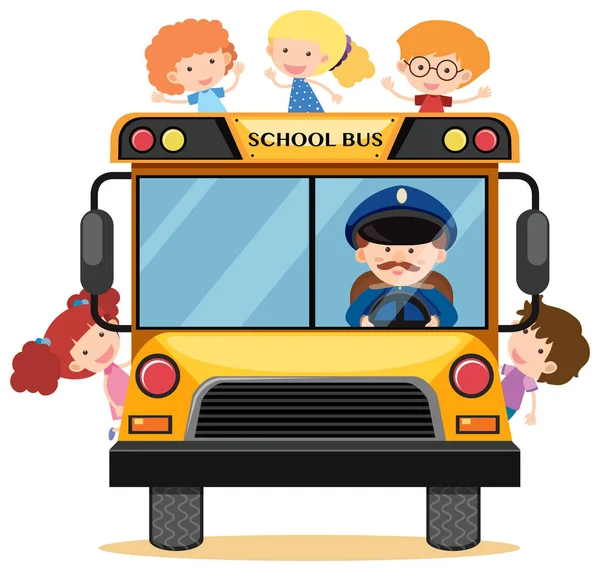 많은 어린이 들이 학교 버스를 타고 — 스톡 벡터