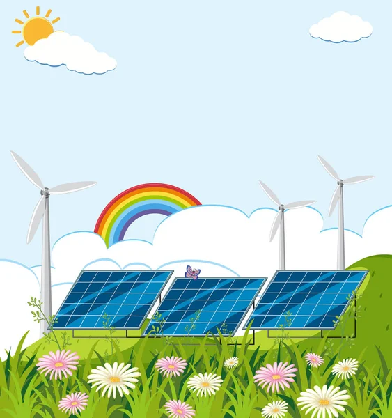 Feld mit Solarzellen und Windrädern — Stockvektor
