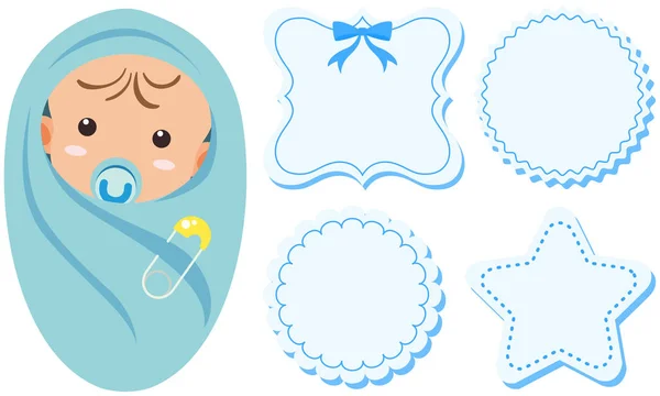 Baby boy and label design in blue color — Stock Vector