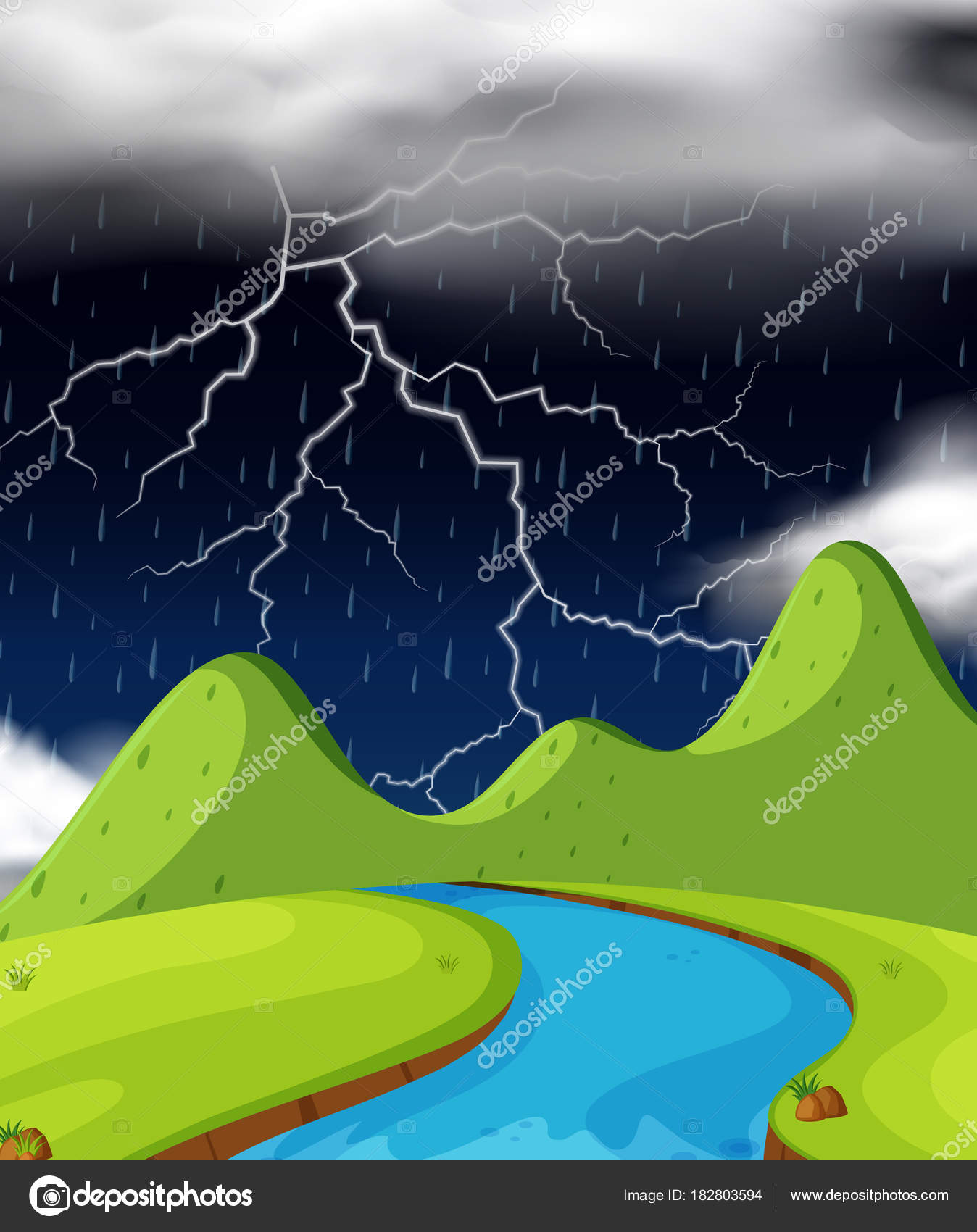 Nature scene with lightning and raining at night Stock Vector by ©brgfx  182803594, image size:1348x1700