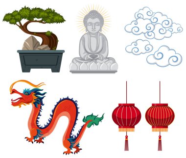 Asya antikalar ve süslemeleri beyaz arka plan üzerinde