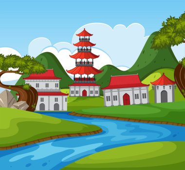 Çince tema arka plan nehir tarafından birçok bina ile