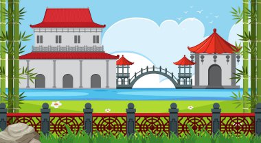 Göl kenarında Çin binalar ile Park sahne