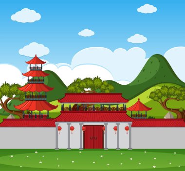 Çin binalar ve duvar ile arka plan manzara