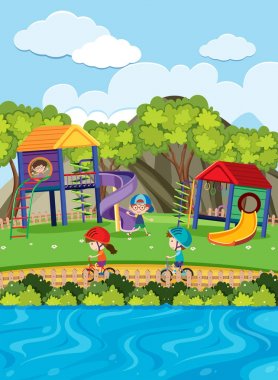 Slayt ve binicilik bisiklet park oynayan çocuklar