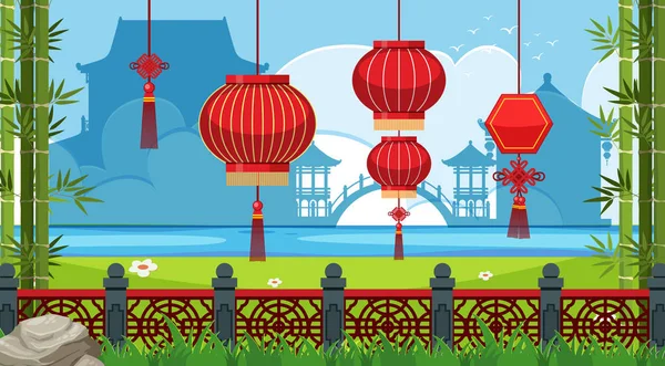 Kinesisk tema bakgrund med röda lyktor — Stock vektor