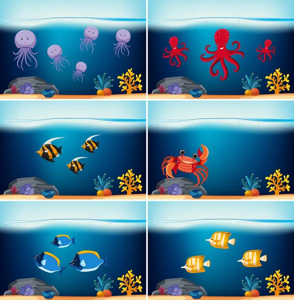 別海の動物と六つの水中シーン — ストックベクタ