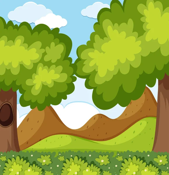 Přírodní scéna s stromy a horami — Stockový vektor