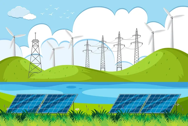 Rüzgar türbinleri tepelerde ile nehir sahne