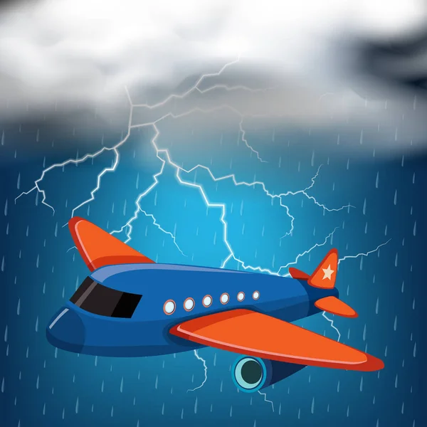 Avion volant la nuit orageuse avec des tonnerres et de la pluie — Image vectorielle