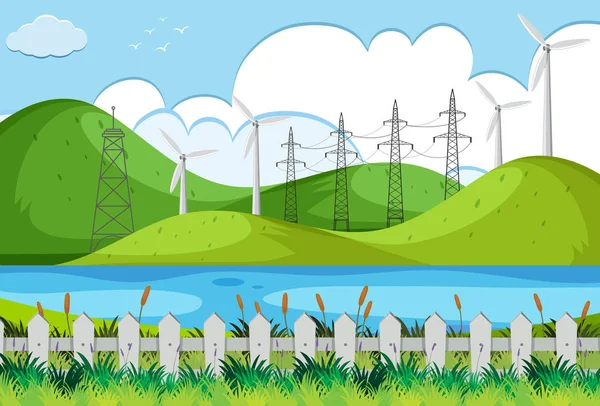 Les éoliennes sur les collines verdoyantes — Image vectorielle