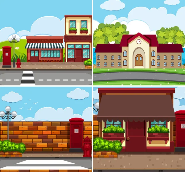 Quatro cenas de fundo com edifícios e estradas —  Vetores de Stock