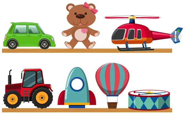 Different types of toys on wooden shelves — Stock Vector