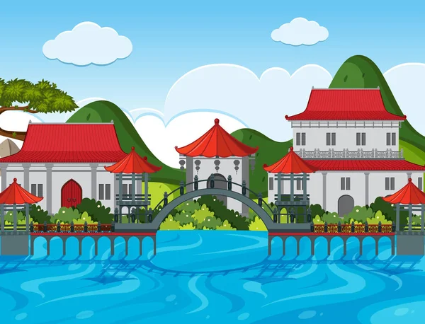 Chinesischer Themenhintergrund mit Gebäuden am Fluss — Stockvektor