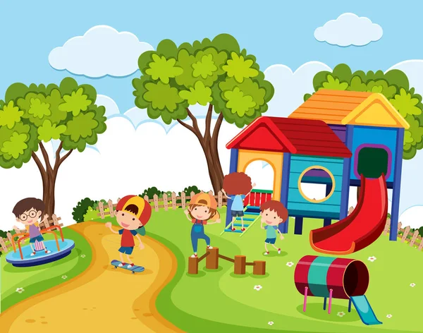 Happy children in playground at daytime — Stock Vector