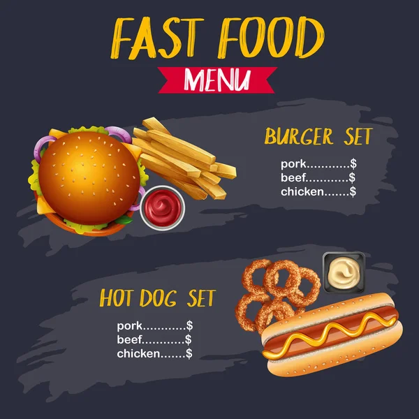 Fastfood menüsünde farklı türleri — Stok Vektör