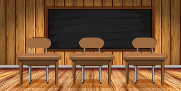 Classroom scene with wooden desks and chairs — Stock Vector