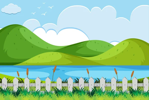 Escena natural con río y colinas — Vector de stock