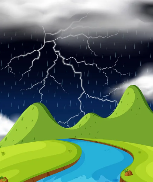 Escena natural con relámpagos y lluvia nocturna — Vector de stock