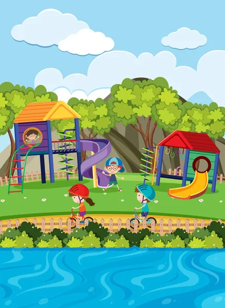 Slayt ve binicilik bisiklet park oynayan çocuklar