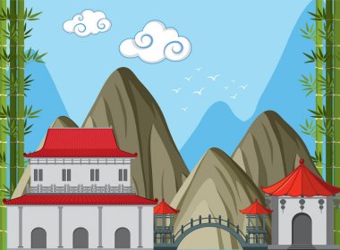 Arka planda dağlar manzaralı Çin binalar