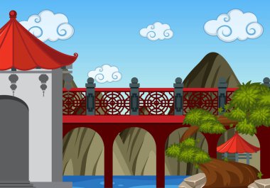 Köprü ve Çin tarzı bir kule ile arka plan manzara