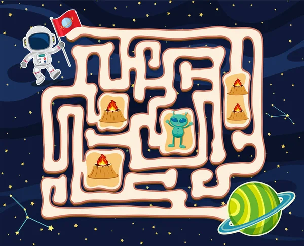 Labyrint spel mall med främmande i rymden — Stock vektor