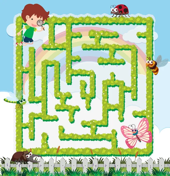 Logická hra šablony s chlapcem a mnoho hmyzu — Stockový vektor