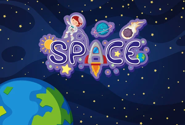 Slovo design pro prostor s zeminou a astronaut — Stockový vektor