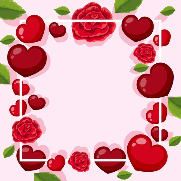 Šablona rámu s růží a srdcí — Stockový vektor