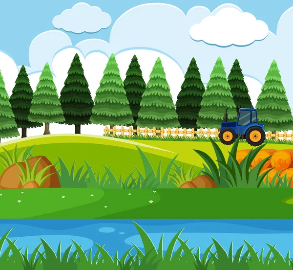 Escena de fondo con tractor azul en el jardín — Vector de stock