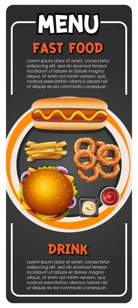 Modelo de menu com diferentes tipos de fast food —  Vetores de Stock