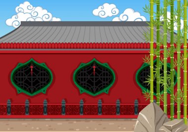 Kırmızı duvar ve bambu Bahçe bina Çince