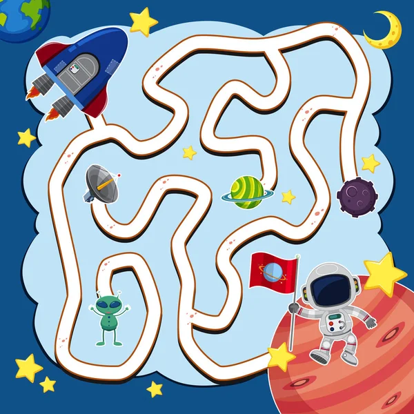 Labyrint spel mall med rymdskepp i rymden — Stock vektor