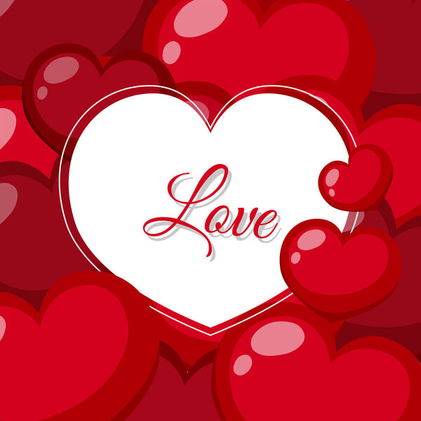 Background design with red hearts and word love
