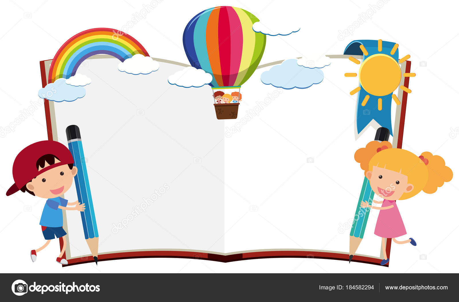 与男孩和女孩用铅笔书写的边框模板图库矢量图©brgfx 184582294, image size:1600x1051