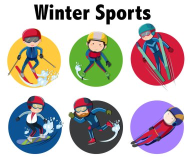 Kış sporları etiket tasarım sporcular üzerinde farklı tekniği ile