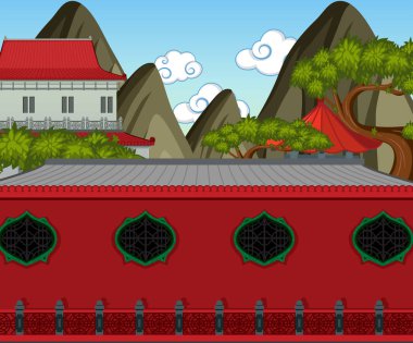 Çin evleri ile kırmızı duvar