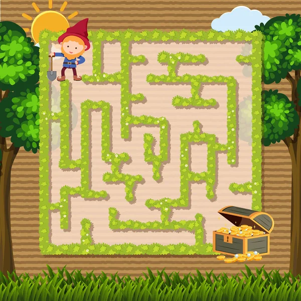 Labyrint spel mall med dvärg och trädgård bakgrund — Stock vektor